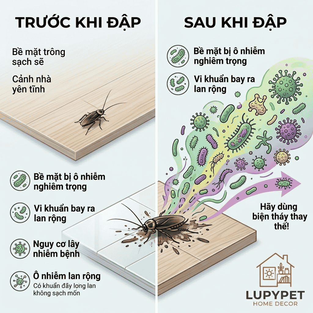 Tác hại khi đập gián phát tán vi khuẩn từ gián